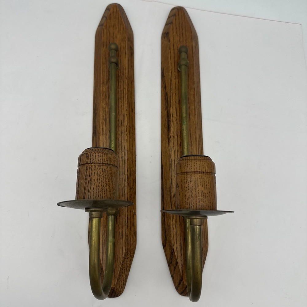 VTG Oak Wood Brass Candle Sconces Wall Hanging Taper Holder Mid Century MCM 18"